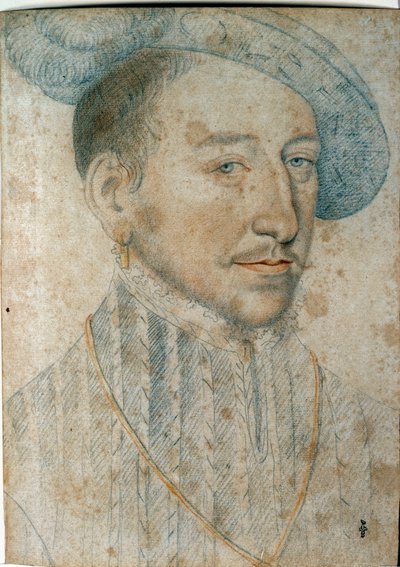 Retrato de Enrique II (1519 - 1559), Rey de Francia. Dibujo con piedra negra y sangre por François Clouet (1515-1572) de François Clouet