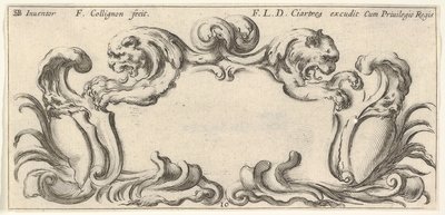 Placa 10: un cartucho con las cabezas de dos leones en perfil a la izquierda y derecha, ca. 1640-45 de Francois Collignon