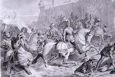 La toma de Calais por Francisco, 2º Duque de Guisa (1519-63) en 1558, grabado por Amedee Felix Barthelemy Geilee (1802-43) de Francois Edouard (after) Picot