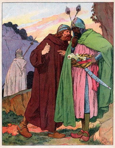 Ganelon informa las palabras del emperador Carlomagno (742-814) al enemigo (Cantar de Roldán) (Materia de Francia) - Ilustración de François Zier (1856-1924) tomada de Nos-Gloriers-Nationales alrededor de 1920 de Francois Edouard Zier
