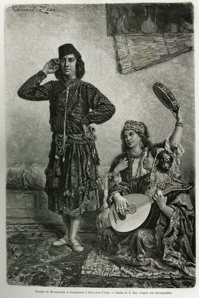 Bailarina y músicos de Mesopotamia, en San Juan de Acre. Grabado por E.Zier, para ilustrar la historia La Siria de hoy, por M. Lortet, decano de la Facultad de Medicina de Lyon, encargado de una misión científica por el Ministerio de Educación Pública, pub de Francois Edouard Zier
