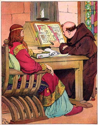 El rey de los francos Carlomagno (742-814) hablando con Alcuino (731-804), monje inglés de York, precursor de la reforma de la escuela, Aquisgrán 782 de Francois Edouard Zier