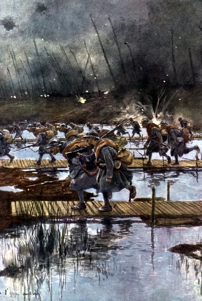 Cruce del Canal de Yser por el I Cuerpo de Infantería francés, 31 de julio de 1917, 4.45 h Tras la pintura de Francois Flameng (1856-1923) Francés. de Francois Flameng
