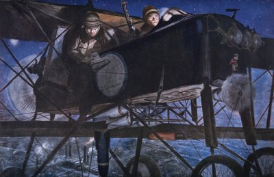 Con el Servicio Aéreo Francés, un bombardeo nocturno por un biplano Voisin de Francois Flameng