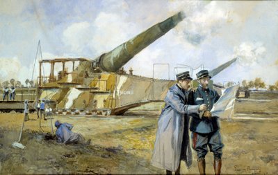 Primera Guerra Mundial: batería 400 en octubre de 1916 (ALVF o ALGP (Artillería Pesada de Gran Alcance) de la Gran Guerra. Comandantes observan un plan de batalla de Francois Flameng