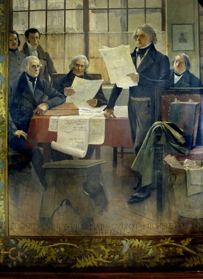 Escritores en el siglo XIX: Edgar Quinet, Abel François Villemain, François Guizot, Jules Michelet, Victor Cousin, Ernest Renan - lienzo marouflée por François Flameng (1856-1923), Universidad de la Sorbona, París de Francois Flameng
