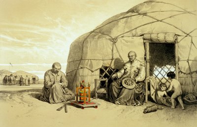 Kalmuks con una Rueda de Oración, Siberia, ilustración de 
