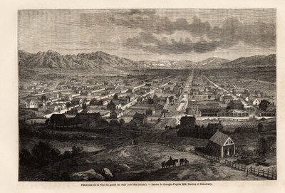 Panorama de la ciudad del gran lago sucio, citando a los Santos (Utah), dibujo de Ferogio, para ilustrar el viaje de Richard Burton a la ciudad de los Santos, capital de la tierra de los mormones, en 1860. Grabado en Le tour du monde, editado por Edouard C de Francois Fortune Antoine (after) Ferogio
