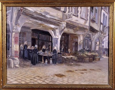 Mercado bajo los porches en Dinan - por F. Gombeaux, finales del siglo XIX de Francois Gombeaux