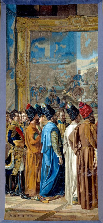 Napoleón I (1769-1821) recibió en el castillo de Finkenstein en Polonia al Embajador del Shah de Persia Georges Outrey, Vicecónsul de Francia en Bagdad, presenta a Mohammed Mirza Reza. Tapiz realizado por el taller de los Gobelinos por François Henri Mular de Francois Henri Mulard