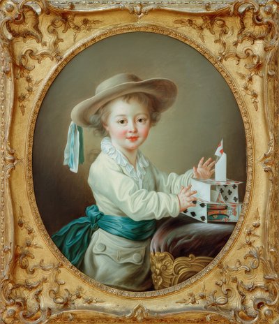 Niño pequeño construyendo una casa de cartas de Francois Hubert Drouais