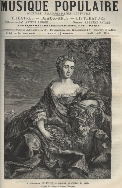 Retrato de Marie Pelissier (o Pellissier) (1707-1749), cantante de ópera francesa - grabado después del cuadro de Hubert Drouais - grabado en 