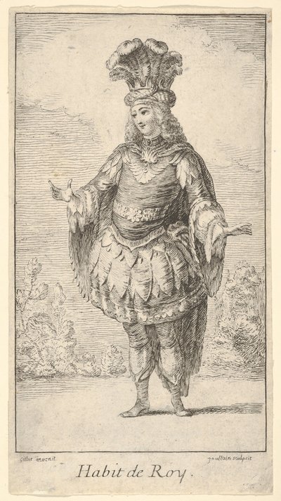 Habit de Roy: un hombre con un tonnelet decorado con rosetones, una corona y un turbante, ca. 1721 de Francois Joullain