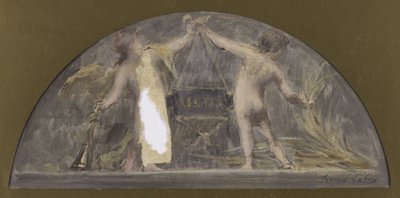 Boceto para el comedor del Hôtel de Ville de París, un niño sostiene una trompeta y el otro una gavilla que levanta una gran caja de Francois Lafon
