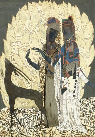 Dos mujeres estilizadas con un antílope entre follajes, c.1928 de Francois Louis (after) Schmied