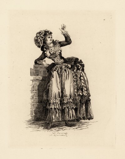 Mujer de moda con sombrero a la Nicolet, era de María Antonieta de Francois Louis Joseph (after) Watteau