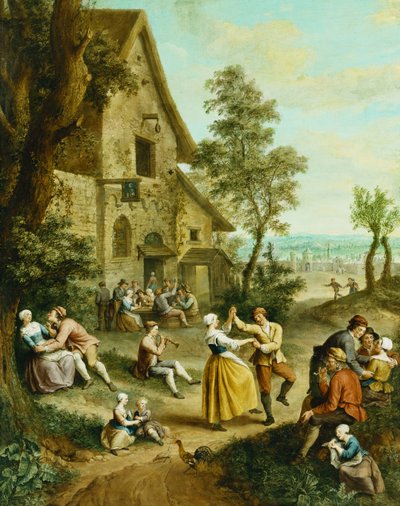 Campesinos bailando y festejando frente a una taberna, una ciudad amurallada al fondo de Francois Louis Joseph Watteau