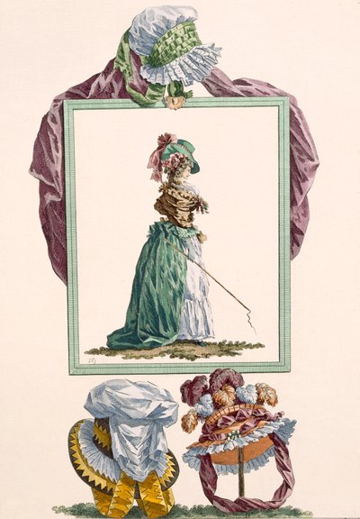 Joven vestida con caraco de pierrot sosteniendo un látigo de carruaje, grabado por Dupin, placa no.238 de 