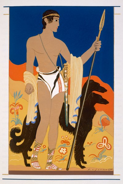 Joven guerrero con dos perros Borzoi, una ilustración de 