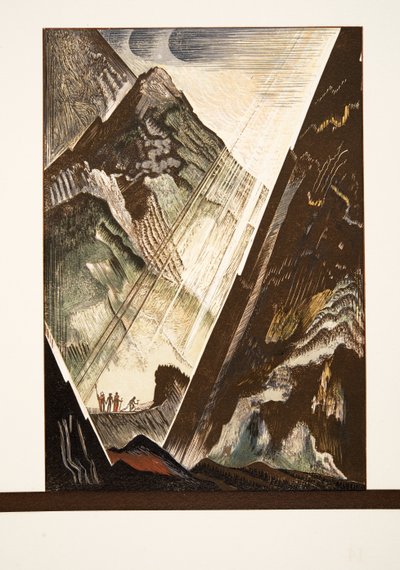 Prometeo siendo clavado a la roca por Hefesto, Kratos y Bia de Prometeo Encadenado de Esquilo, pub. 1941 de Francois Louis Schmied