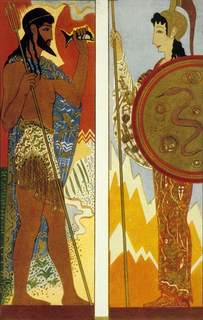 La Odisea de Homero: los dioses Poseidón y Atenea, grabado por Theo Schmied, 1930-33 de Francois Louis Schmied