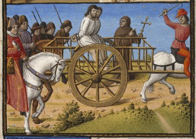 Harley 4375, f.140 Dos prisioneros en un carro siendo llevados a la ejecución, acompañados por un sacerdote, ilustración de "Les Faits et les Dis des Romains et de Autres Gens" (o "Memorabilia") de Valerius Maximus, París de Francois Maitre