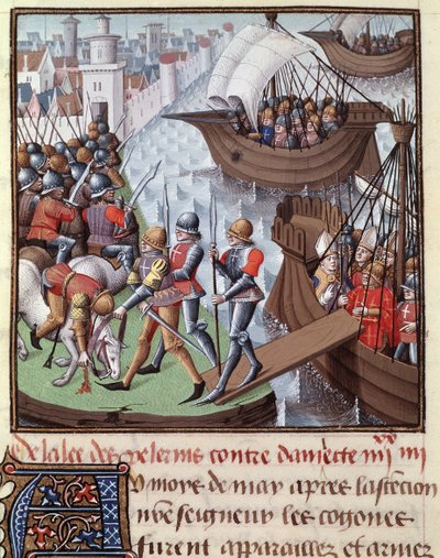 Séptima Cruzada: la flota de los cruzados liderada por San Luis desde Damieta en 1249. Miniatura tomada del manuscrito “Le Miroir historial de Vincent de Beauvais”, volumen III del maestro François (siglo XV) de Maître François