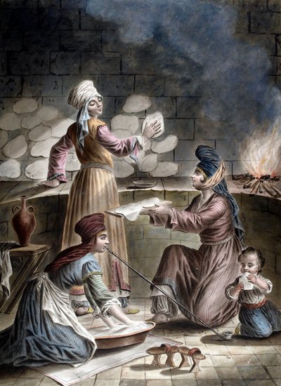 Mujeres turcas cocinando pan de Francois Marie Rosset