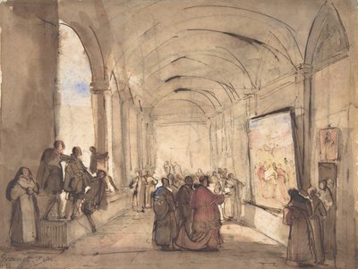 Un cardenal examinando una pintura en un claustro, primera mitad del siglo XIX de Francois Marius Granet