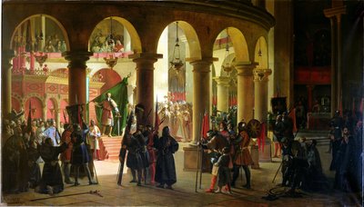 Godofredo de Bouillon (c.1060-1100) depositando los trofeos de Ascalón en la Iglesia del Santo Sepulcro, agosto de 1099, 1839 de Francois Marius Granet