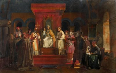 El Papa Honorio II otorgando reconocimiento oficial a los Caballeros Templarios en 1128 de Francois Marius Granet