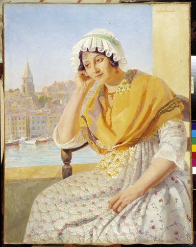 Madame Contencin en la terraza quai de Rive-Neuve en Marsella. Pintura de Francois Marius Valere Bernard (1860-1936), Mención obligatoria: Colección Fundación Saludos de Provenza, Marsella. de Francois Marius Valere Bernard