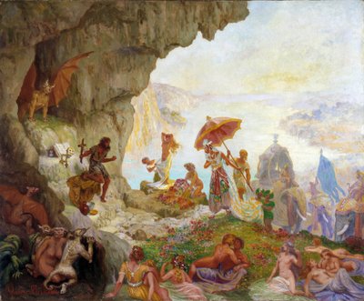 La tentación de San Antonio el Grande (o San Antonio el Ermitaño o San Antonio el Abad) por la Reina de Sabah (o Saba) Pintura de Francois Marius Valere Bernard (1860-1936) Dim. 60x73 cm. Mención obligatoria: Colección fondation regards de Prove de Francois Marius Valere Bernard