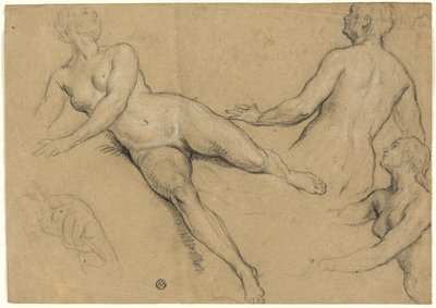 Hoja de estudios: Tres mujeres y una mano (anverso); Bocetos de desnudos masculinos, cabezas y mano (reverso) de Francois Marot