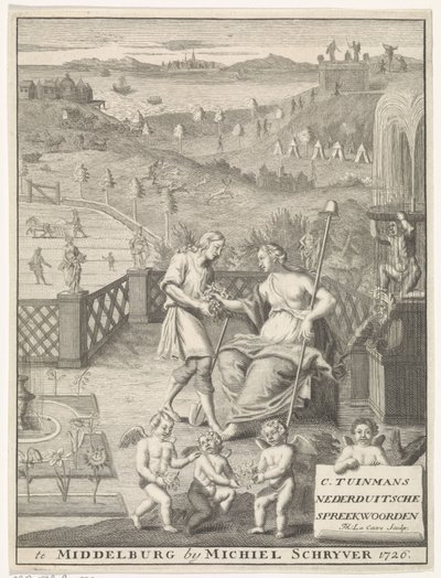 Virgen holandesa recibe flores de un jardinero Página de título para: Carolus Tuinman, El origen y la interpretación de (...) Proverbios Nederduitsche, 1726. de Francois Morellon la Cave