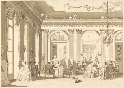 La asamblea en el salón de Francois Nicolas Barthelemy Dequevauviller after Nicolas Lavreince