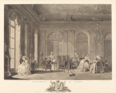 La asamblea en el salón de Francois Nicolas Barthelemy Dequevauviller after Nicolas Lavreince