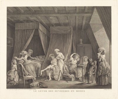 El despertar de las obreras de moda de Francois Nicolas Barthelemy Dequevauviller after Nicolas Lavreince