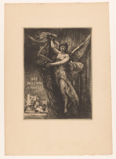 Titelprent pone a engel en drukpers 1879 Nuevos grabados (título sobre objeto) de Francois Nicolas Chifflart