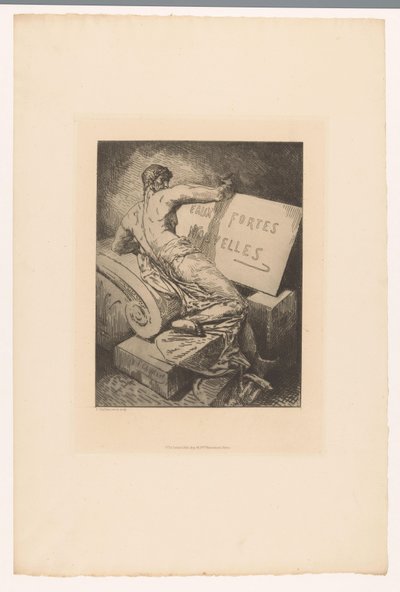 Impresión de título con hombre en monumento de piedra Eaux Fortes Nouvelles (título sobre el objeto) Aguafuertes de varios grabadores de 1877 (título de la serie) L