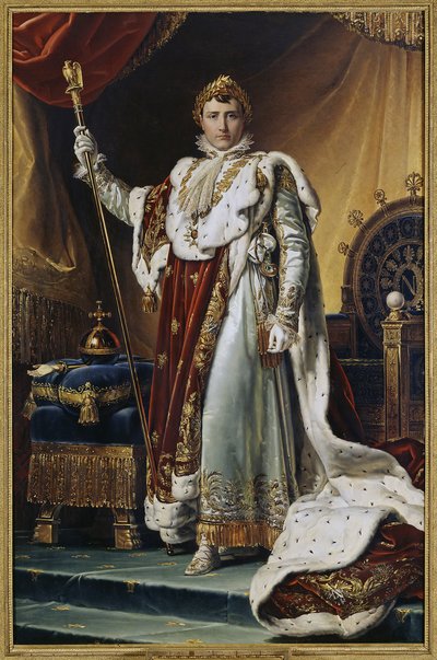 Retrato del emperador Napoleón I Bonaparte (1769-1821) en traje de coronación. (Retrato del emperador Napoleón I Bonaparte en su túnica de coronación). Pintura de Francois Pascal Simon, baron Gerard (1770-1837), óleo sobre lienzo, alrededor de 1804. Arte f de Baron François Pascal Simon Gérard