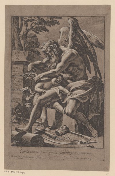 Tijd knipt de vleugels van Amor El amor lo conquista todo, el amor pronto conquista el tiempo (título sobre el objeto) de Francois Perrier