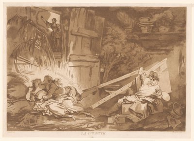 Un joven que tropieza se cae sobre una mujer que está siendo pintada
La Culbute (título en el objeto) de Francois Philippe Charpentier