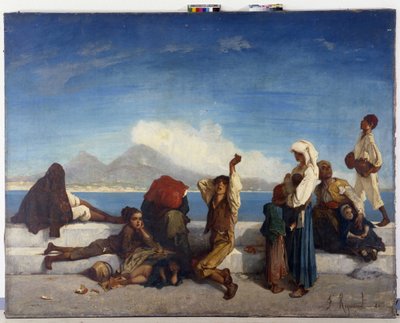 Los Lazzaroni, personajes del pueblo napolitano. Vista del Golfo de Nápoles (óleo sobre lienzo) de Francois Reynaud