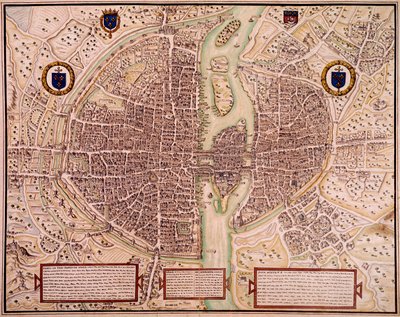Mapa de la ciudad de París en 1540-1555 llamado del tapiz. Grabado de Francois Roger de Gaignieres de Francois Roger de Gaignieres