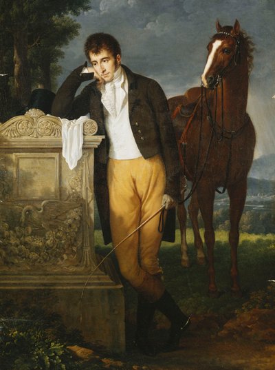 Retrato de Don Luigi Grimaldi, Príncipe de Santa Cruce, Marqués de Pietro Vajrana de Mónaco y Génova, Apoyado en la Tumba de su Prometida Fanny, Marquesa de Grimaldi de Francois Xavier Fabre