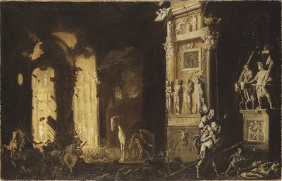 El incendio de Troya con Eneas llevando a Anquises, por Nome, François de de Francois de Nome