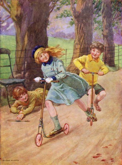 Niña y niño corriendo en scooters (litografia en color) de Frank Adams
