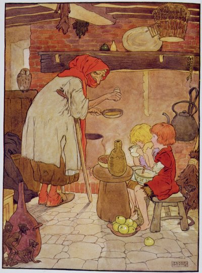 Hansel y Gretel son alimentados por la Bruja, ilustración de 