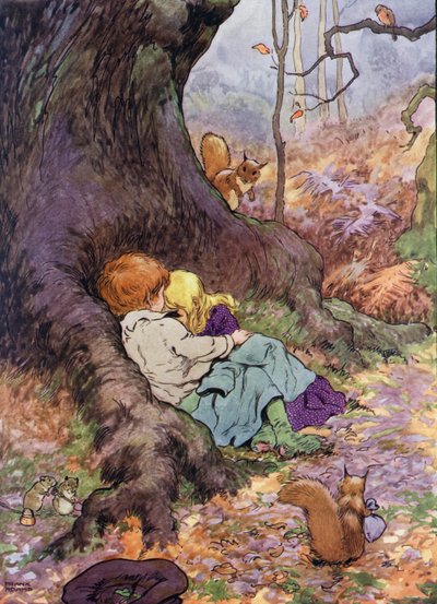 Ilustración para "Los niños en el bosque" (litografía en color) de Frank Adams